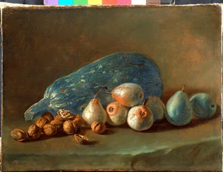 Nature morte avec citrouille, poires et noix