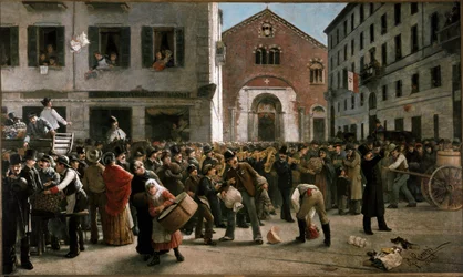 Collecte de fonds en cours Garibaldi à Milan pour les victimes des inondations près de Vérone, 24 décembre 1882