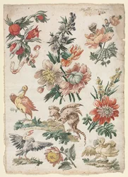 Motifs floraux avec des oiseaux et un griffon