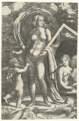 Vénus avec un compas et Cupidon et un couple amoureux