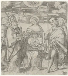 Cinq saints patrons de Bologne avec image de Marie