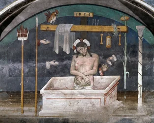 Christ entouré de symboles de la Passion, fresque de Giacomo Jaquerio, abbaye de Saint-Antoine de Ranverso, Buttigliera Alta, Piémont, Italie