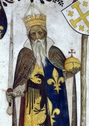 Représentation des marquis de Saluces et de leurs épouses en tant que héros et héroïnes historiques et mythologiques. Détail : Manfredo III en Charlemagne. 1418-30
