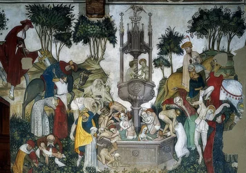 La fontaine de Jouvence. Détail : arrivants et baigneurs dans la fontaine. 1418-30