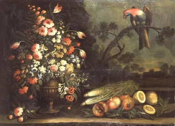 Nature morte, fleurs mélangées, légumes et perroquet