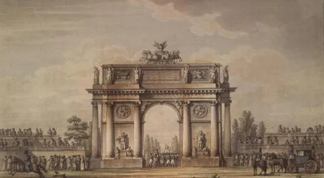 Vue des portes de Narva à Saint-Pétersbourg avec des tribunes pour spectateurs