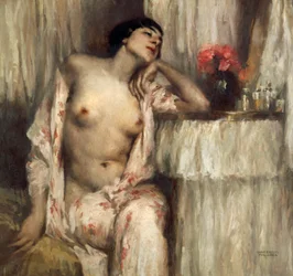 Figure de femme à mi-corps à sa toilette