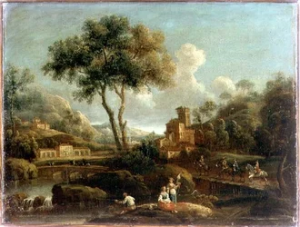 Paysage fluvial boisé avec des voyageurs