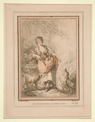 Jeune fille nourrissant des poules