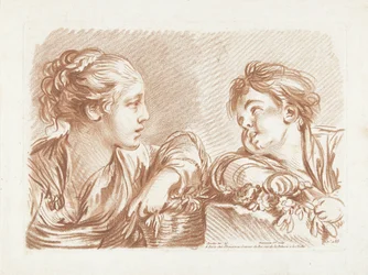 Jeune femme avec un panier de fleurs et un garçon