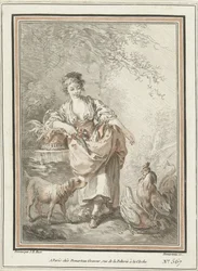 Jeune femme avec chien, coq et poule