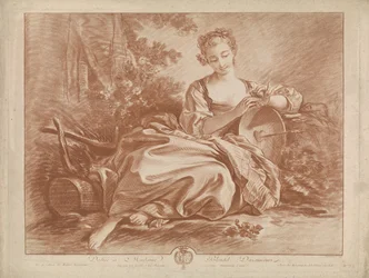 Jeune femme assise avec un bouclier portant un cœur transpercé d