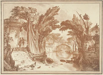 Paysage méridional avec maisons au bord de la rivière