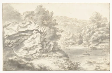 Rochers et rivière dans un paysage vallonné