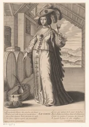 Dame avec un verre de vin près de tonneaux de vin, avec vue sur une plantation de vin (Automne) (Quatre saisons)