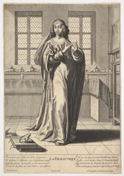 Dialectique : une jeune femme debout dans un intérieur décoré et touchant son index droit..., 1633-35
