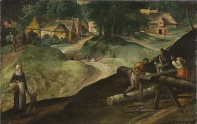 Paysage avec des hommes sciant du bois