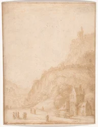 Paysage avec figures et chevaux au premier plan