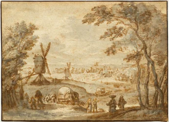 Paysage avec moulins à vent devant une ville, avec marcheurs et chariot couvert au premier plan