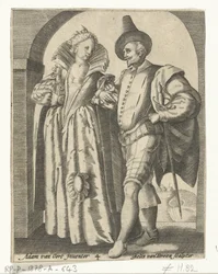 Homme et femme, habillés selon la mode de 1590-1600
