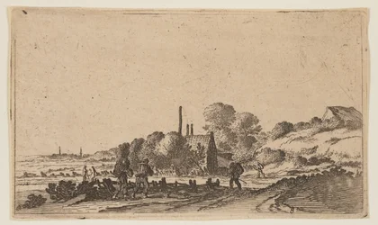 Figures sur un chemin devant des fermes sur les dunes, extrait de Douze paysages
