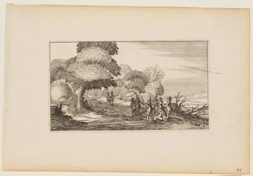Hommes avec mousquets sur un chemin menant à travers bois, d