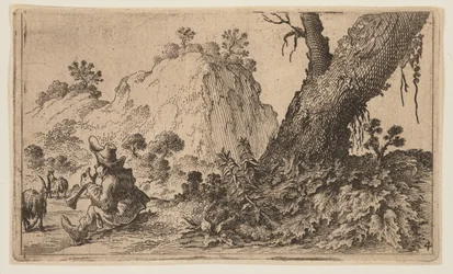 Berger jouant de la flûte à bec avec un troupeau de chèvres, extrait de Douze paysages