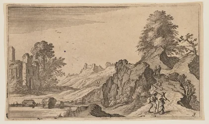 Trois piétons sur un pont en bois traversant un ruisseau, extrait de Douze paysages