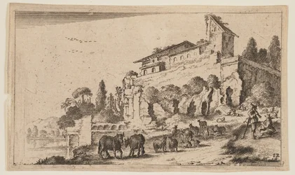 Villa incorporant des ruines sur une colline à droite de la rivière, tiré de Douze paysages