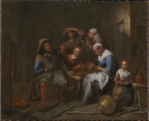 Un intérieur avec des artisans et des paysans mangeant et buvant