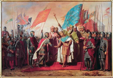 Troisième croisade (1189-1192) : Rencontre et poignée de main entre Philippe Auguste (Philippe II de France)