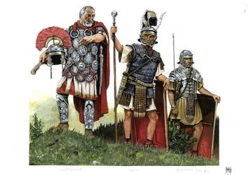 Rome antique : un centurion, un optio (messager entre centurions et décurions) et un légionnaire. 2e siècle