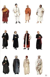 Costumes et robes de membres du clergé de différentes religions, moine bouddhiste, orthodoxe, cardinal, pasteur protestant.