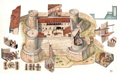 Vue aérienne détaillée du château aragonais de Venosa construit par Pirro del Balzo en 1470, près de Potenza en Basilicate, Italie Les coupes permettent de voir les prisonniers dans les cellules à l