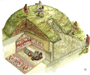 Civilisation étrusque : reconstruction et découpage de la tombe de Triclinio (triclinium), nécropole de Tarquinia. Ve siècle avant J.-C. Italie Illustration de Giorgio Albertini.