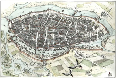 Moyen Âge : vue aérienne de la ville de Lubeck en Allemagne avec plan des rues, montrant sa position géographique sur une île au confluent des rivières Wakenitz et Trave. 15e siècle. Allemagne Illustration de Giorgio Albertini. (L