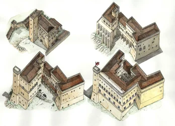 Moyen Âge : vue aérienne des différentes phases de construction du Palais du Vatican (Vaticano) entre le 12e et le 15e siècle. Rome Italie