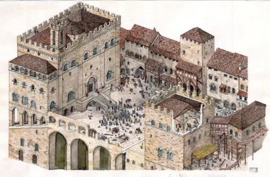 Moyen Âge : vue aérienne de la place centrale de la ville de Gubbio (Ombrie) en Italie au XIVe siècle. Le palais des consuls est visible sur la gauche.