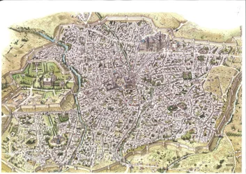 Moyen Âge : vue aérienne détaillée de la ville de Samarcande (Samarkand), les remparts sont visibles, en Ouzbékistan à l