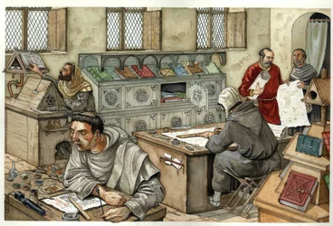 Moyen Âge : des moines copient des manuscrits dans un scriptorium au XIIIe siècle. Illustration de Giorgio Albertini.