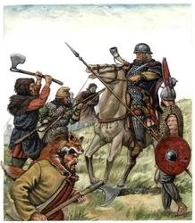 Moyen Âge : scène de la bataille de Roncevaux (Pays basque espagnol), un cavalier franc de l