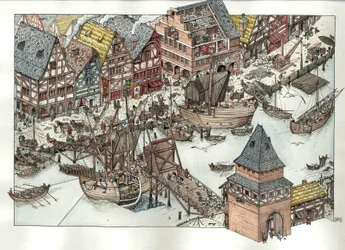 Moyen Âge : vue des activités commerciales autour du port de Lubeck, sur la mer Baltique. XIVe siècle. Allemagne
