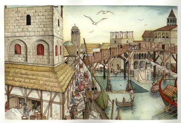 Moyen Âge : vue du pont du Rialto au XIe siècle et activités à Venise, Italie.