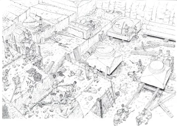 Moyen Âge : vue représentant des ouvriers travaillant dans les carrières de marbre de Carrare (Carrara) au XVe siècle. Italie Illustration de Giorgio Albertini. (L