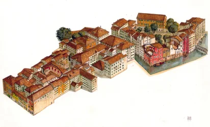 Reconstruction du ghetto juif de Venise, avec les synagogues, dans le quartier de Cannaregio. Italie.