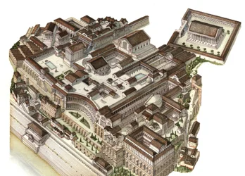 Antiquité romaine : reconstruction du mont Palatin (Glue Palatino) au IVe siècle, les empereurs successifs (Auguste, Néron, Septime Sévère) y construisent leurs palais respectifs. Rome Italie