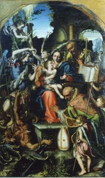 Sainte Famille avec Saint Michel Archange et le Diable disputant les âmes, Saint Bernhard et