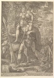 Allégorie de la chasse, un chasseur tenant une grande lance portant une femme Diana sur ses épaules, 1556