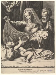 Madone de Lorette, la Vierge soulève un voile au-dessus de l