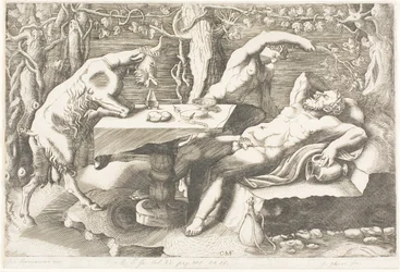 Satyre essayant de réveiller Silène avec une vigne